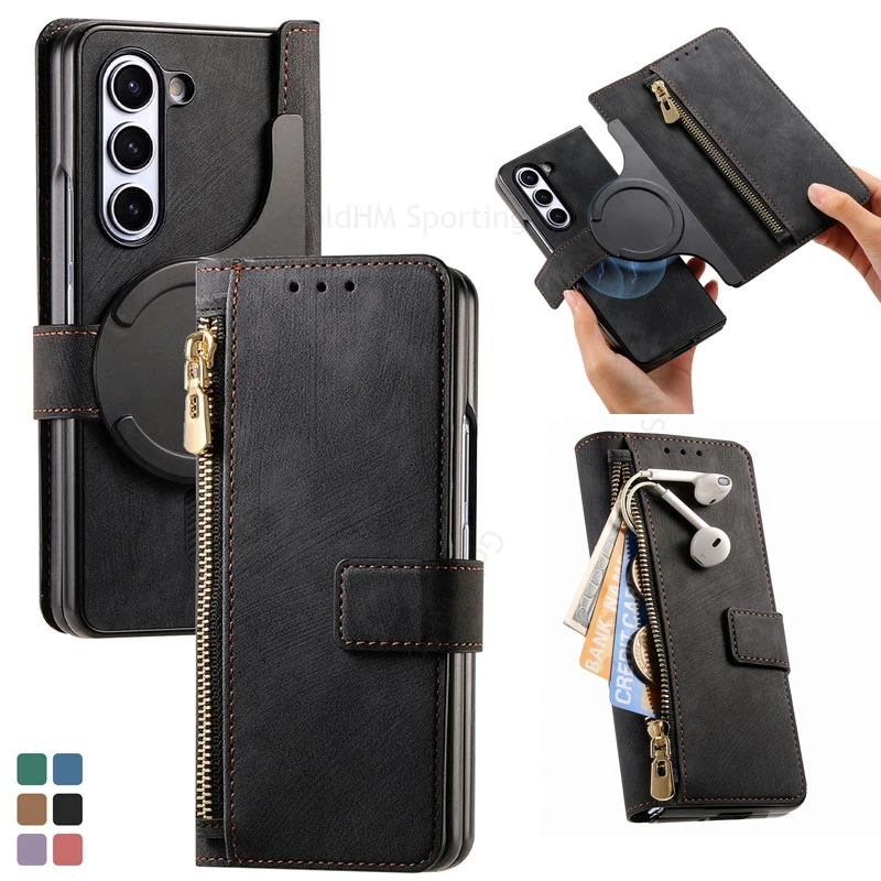 Magnetic Split Phone Case For Samsung Z Fold6 Leather Flip Kickstand Case For Galaxy Z Fold 6 5 4 3 Card Wallet Book Stand Cover
