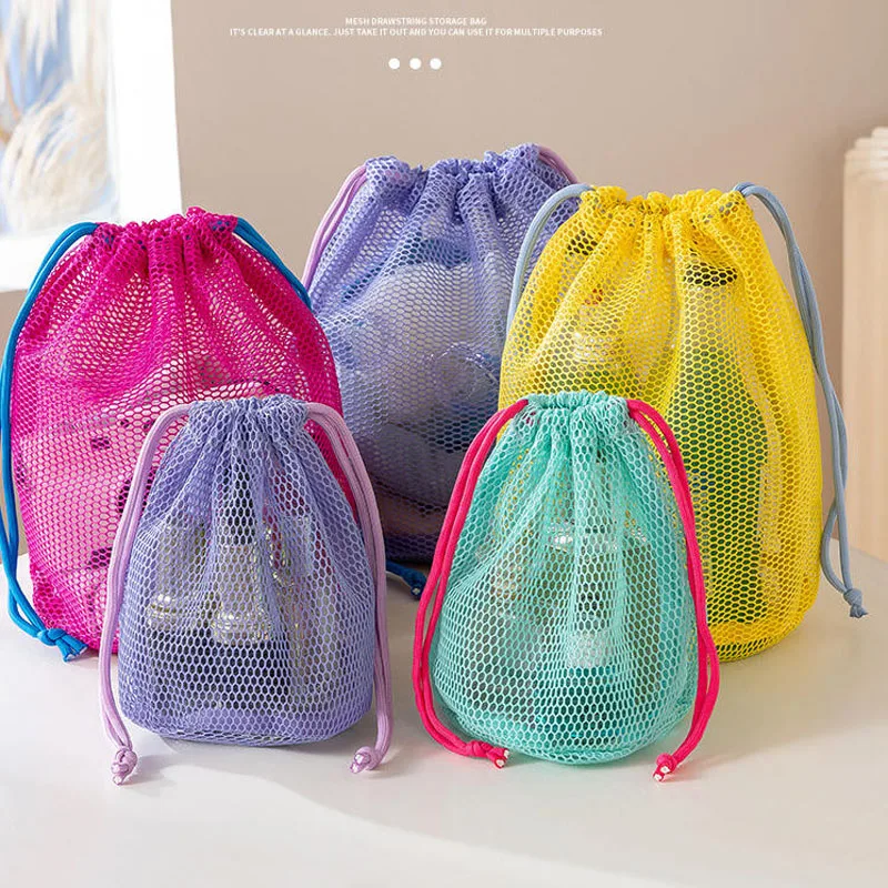 10pcs/lot Round Bottom Mesh Drawstring Pouch Portable Travel Drainage Makeup Toiletries Storage Bags Swimming Bath Bag