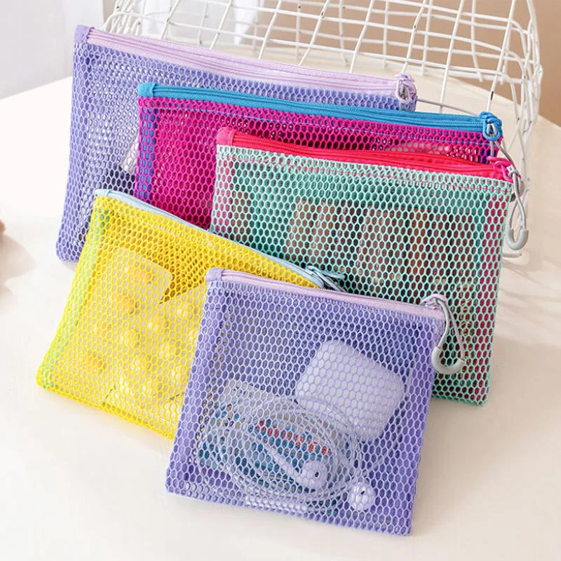 10pcs/lot 13*14 14*18 15*22cm Outdoor Travel Portable Lipstick Earphone Storage Bag Double Zipper Mesh Makeup Cosmetic Bag