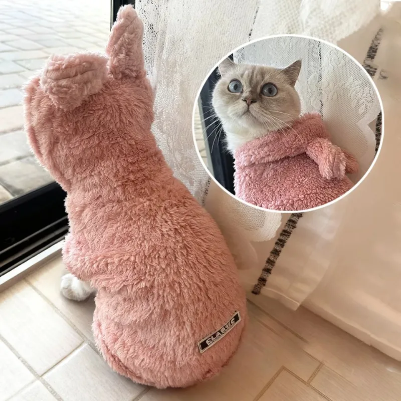 Warm Fleece Cat Costume for Winter Autumn Cute Soft Pink Cats Clothes for Small Medium Dog Kitty Kitten Sweater Funny Pet Coat