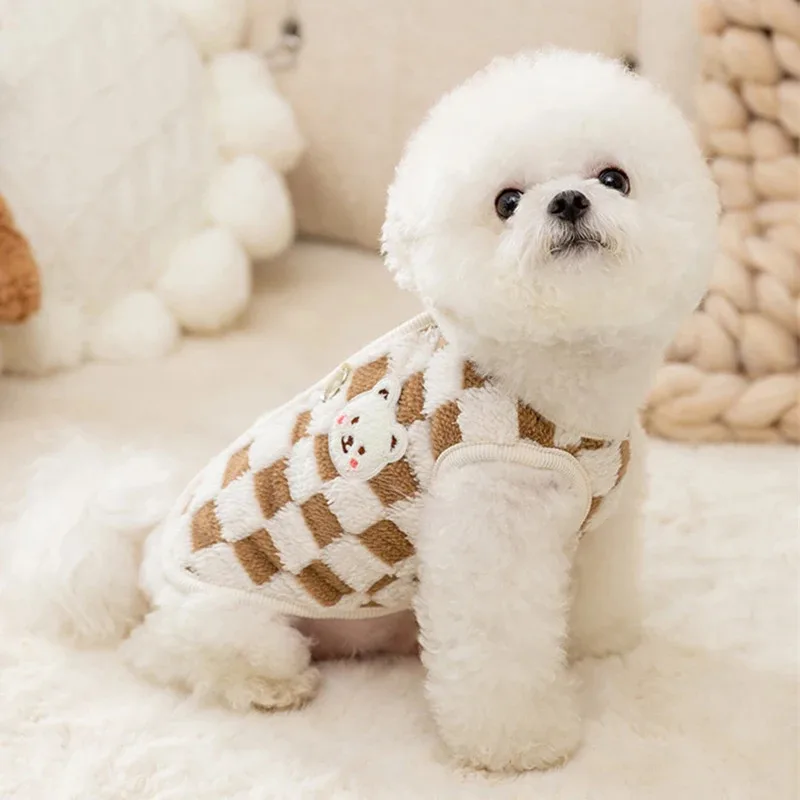 Winter Plush Dog Sweater with Bear Print and Buckle Buttons Cozy Pet Jacket for Small Dogs Pomeranian Chihuahua Puppy Cat