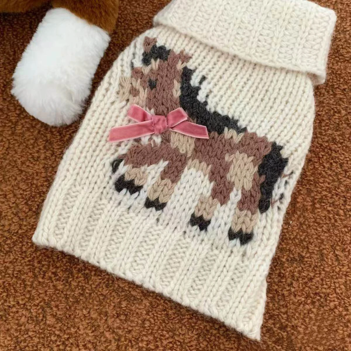 Farm Pony Pattern Pet Sweater Teddy High-Neck Winter Clothes Bichon Frise Pullover Warm Knit Dog Sweater XS-XL
