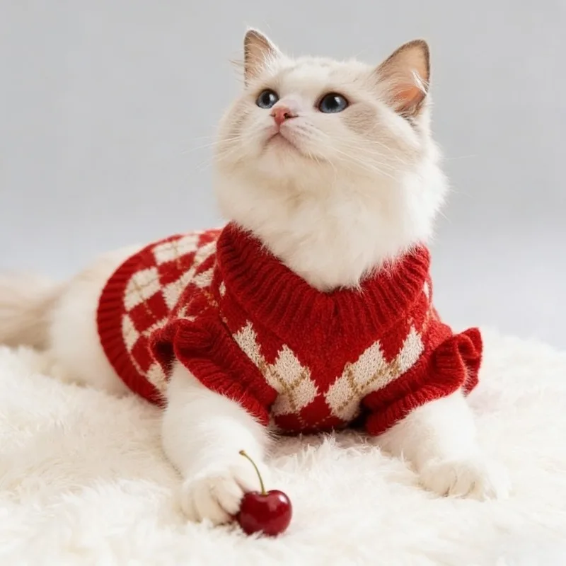 Autumn Winter Warm Sweater for Dogs Cats Thickened Knitted Pullover with Rhombus Embroidery Cherry Pattern Ruffle Sleeves
