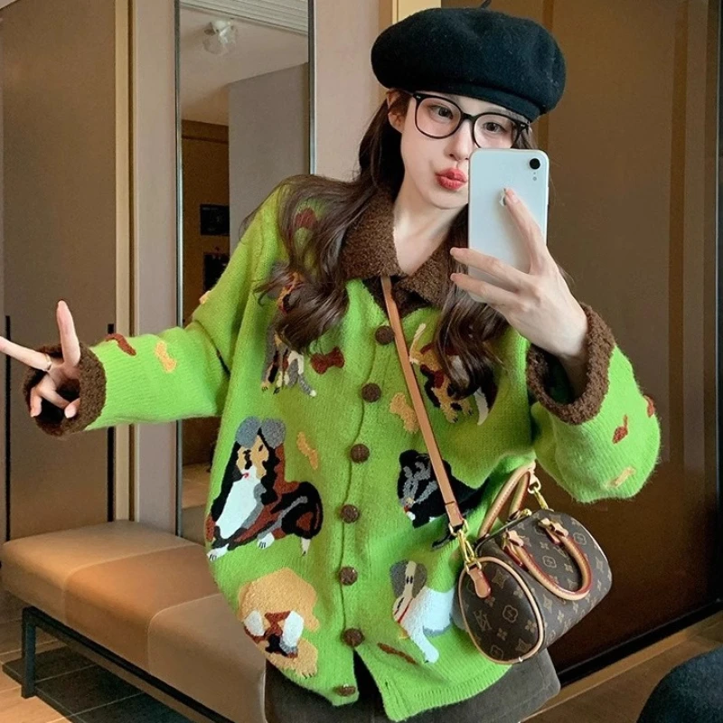 2026 Dog Pattern Women Pullovers Jumper Spliced Sweater Knitted Polo Neck Long Sleeve Single Breasted Loose Casual Autumn Winter