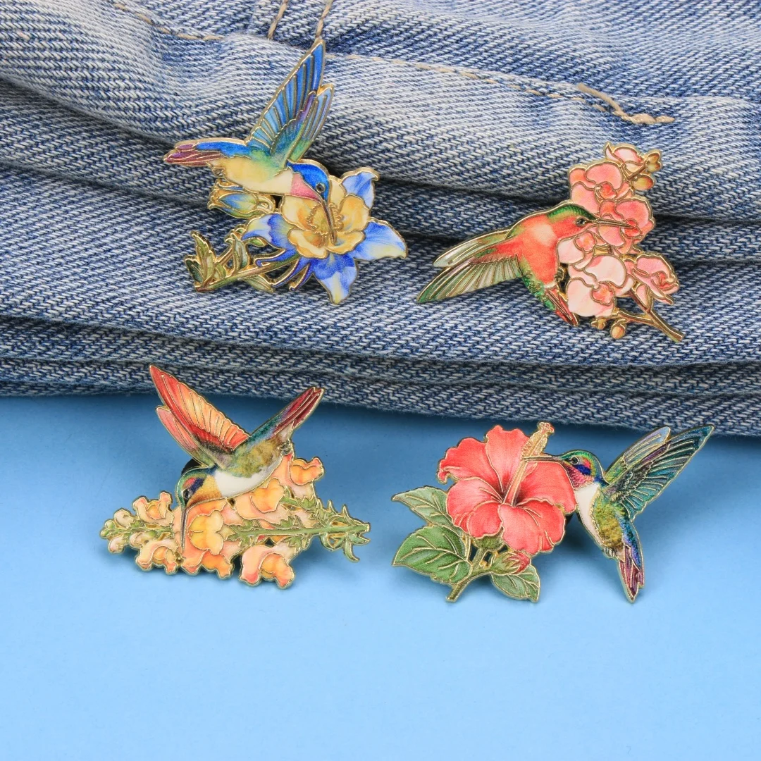 Assorted Vibrant Hummingbird & Floral Enamel Pin Set, Delicate Gold Trim Bird Brooches, Colorful Botanical Metal Badges Jackets