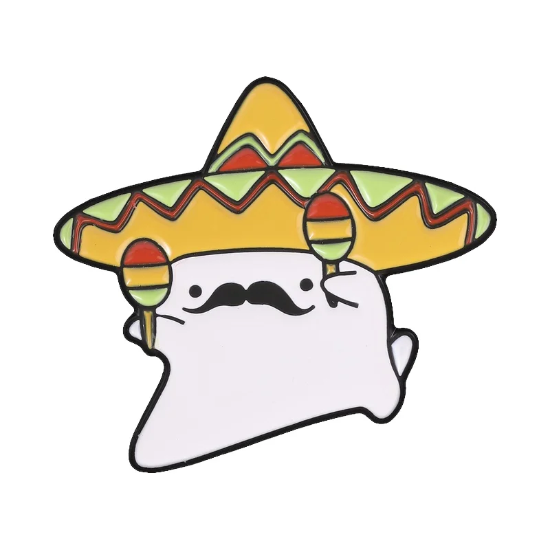 Mexican Fiesta Ghost Cartoon Enamel Pin Cute Festival Ghost Wearing Sombrero & Maracas Brooch Backpack Jacket Hat Jewelry Badges