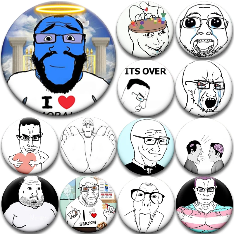 58mm Wojak Meme Badge Funny Soyjak Brooches Viral Internet Enamel Pins for Bag Accessories Jacket Hat Decoration Friend Gifts