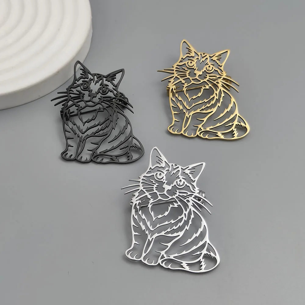 Stainless Steel Plated 18K Gold Fluffy Long Hair Cat Hollow‑Out Brooch Lapel Pin for Jacket Backpack Unisex Pet Jewelry Gift