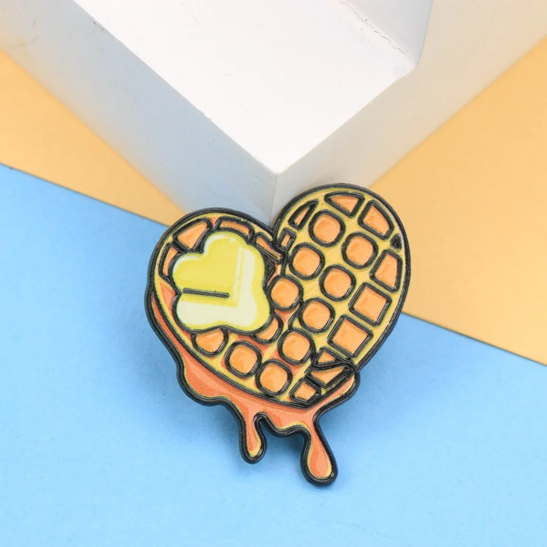 Heart Shaped Waffle Enamel Pin, Cute Food Brooch with Dripping Syrup & Butter, Sweet Metal Badge for Jackets, Bags & Hats