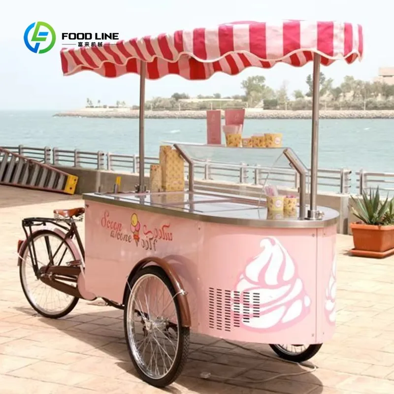 Customized Multi-Scene Food Cart Coffee Truck Outdoor Refrigerated Ice Cream Mobile Trolley Cart with Umbrella Canopy Stainless