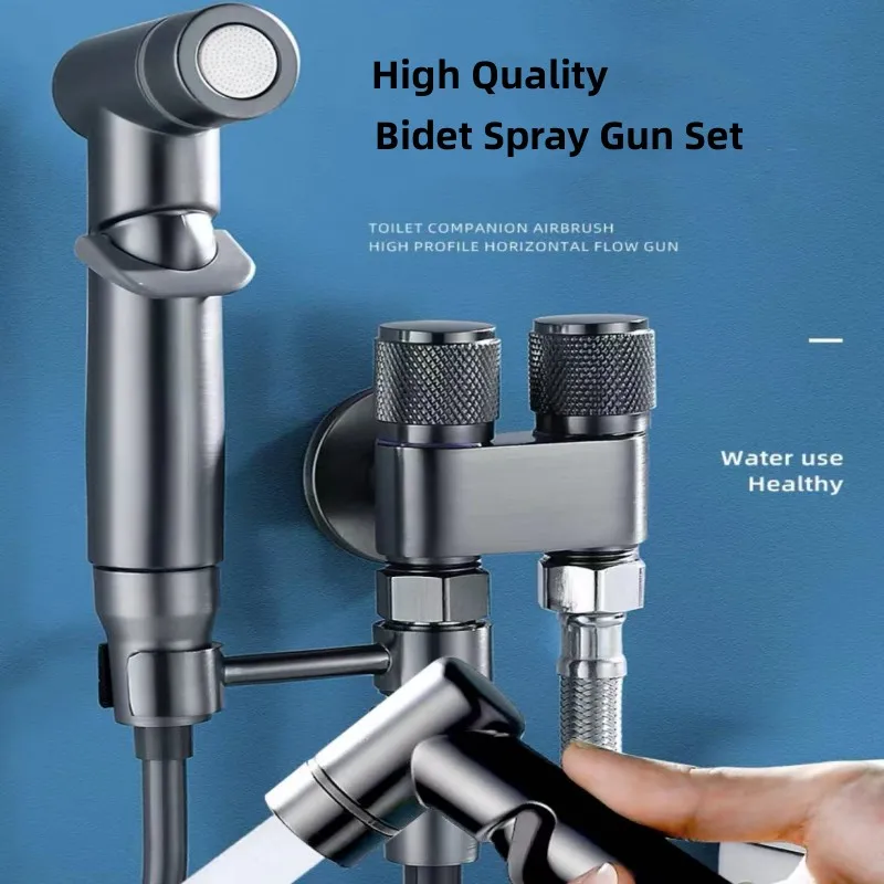 AOLEBEI Black Hygienic Shower Toilet Bidet Spray Gun Set with Dual Outlet Mini Angle Valve for Bathroom Accessories