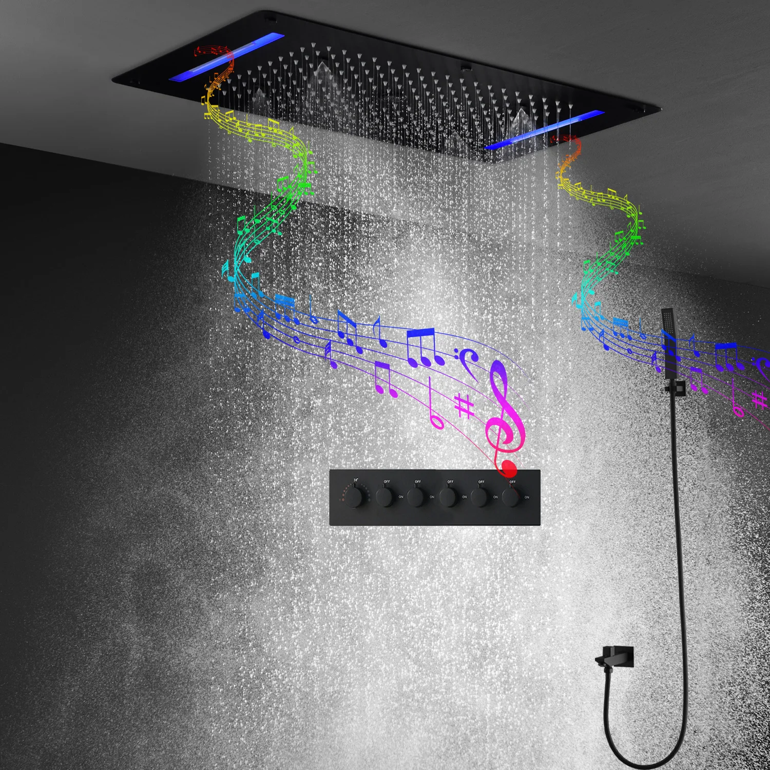 hm Bathroom LED Shower System 31x15Inch Bluetooth Music Shower Set Mist Rainfall Waterfall Shower Head Black Thermostatic Faucet