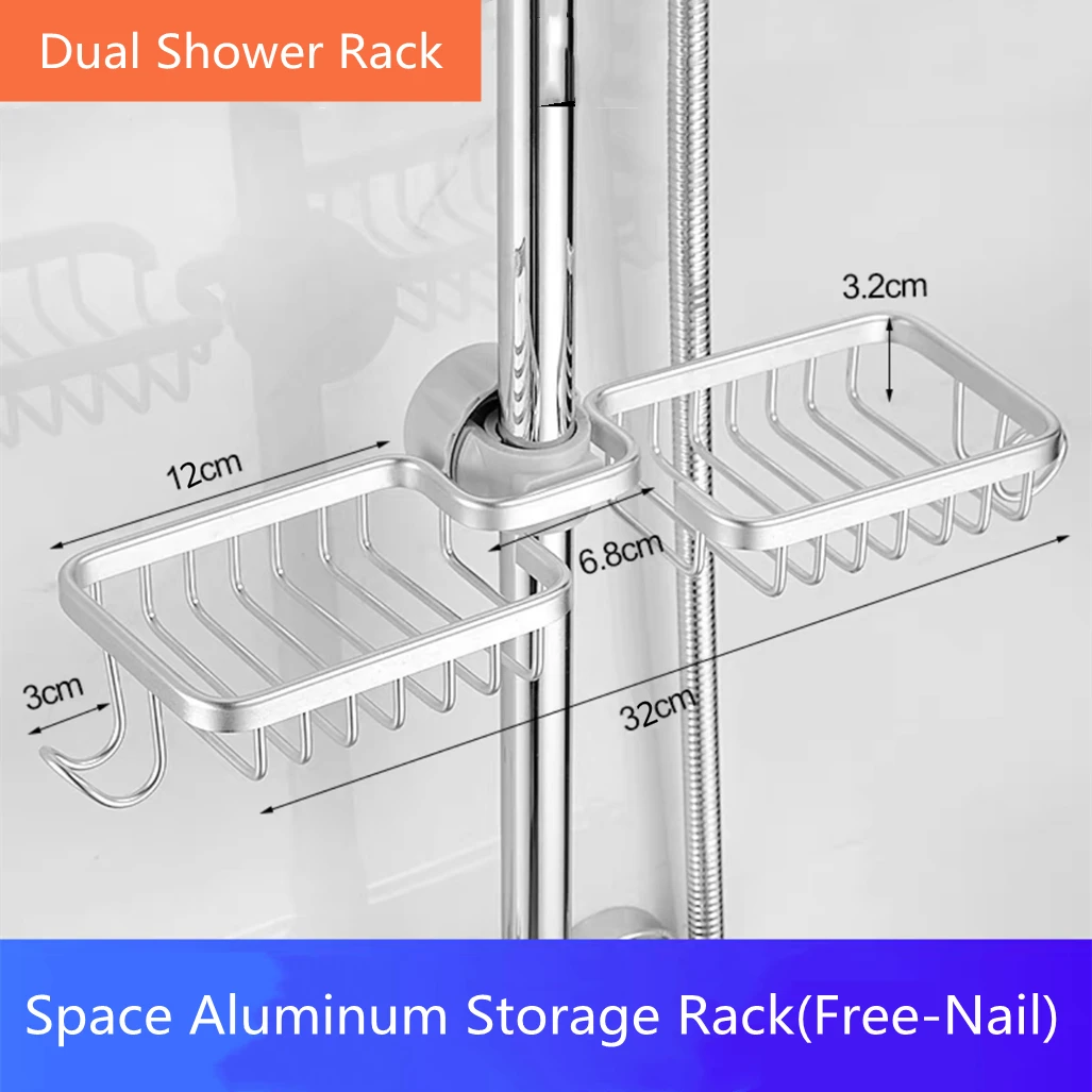 Black/Silver Bathroom Shower Holder Household Aluminum Nail-Free Dishcloth Sponge Dual Drain Basket Kitchen Faucet Storage Rack