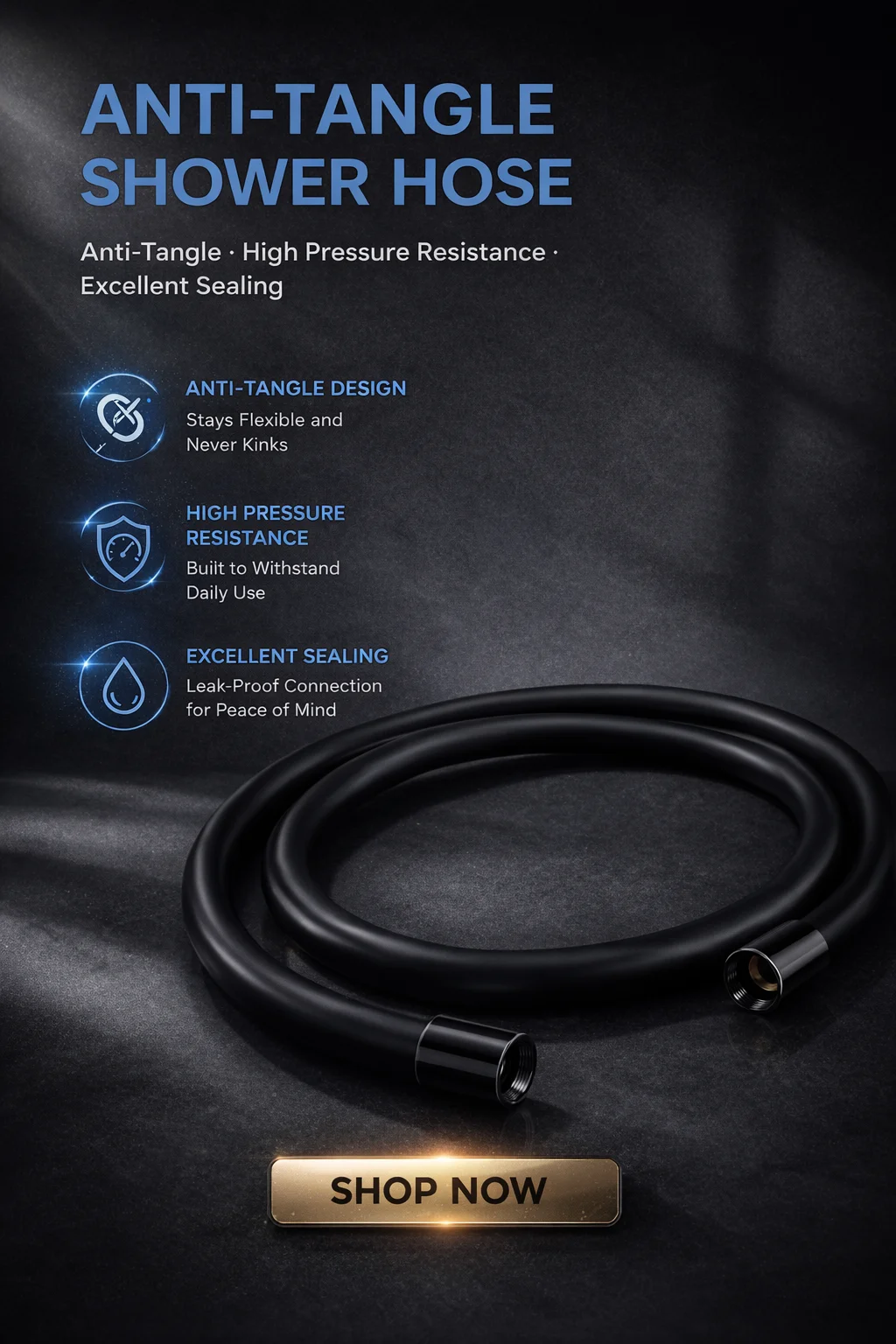 Matte Black PVC Shower Hose G1/2 360° Anti Tangle Flexible High Pressure Bath Pipe for Bathroom