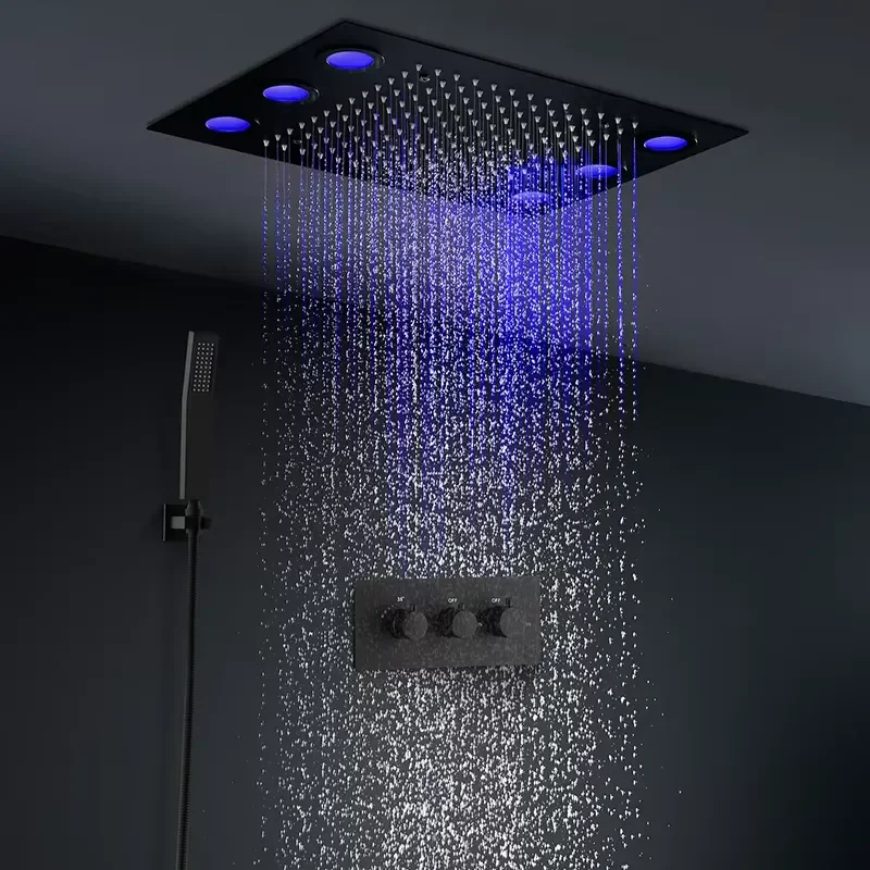 Newest Bathroom Ceiling Matt Black Shower Accessories Thermostatic Rain Led Black Shower Faucet Set