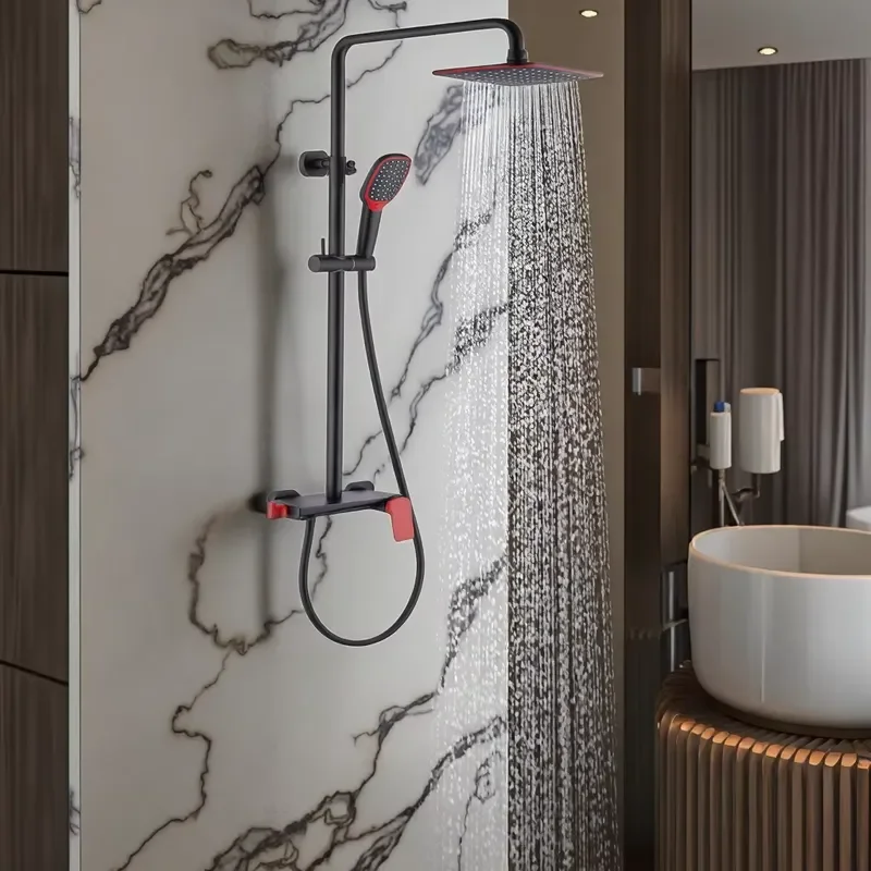 Polished Brass Wall-Mounted Ceramic Valve Black Red Handle Bathtub Shower Soft Massage Rainfall Faucet Set Bathroom