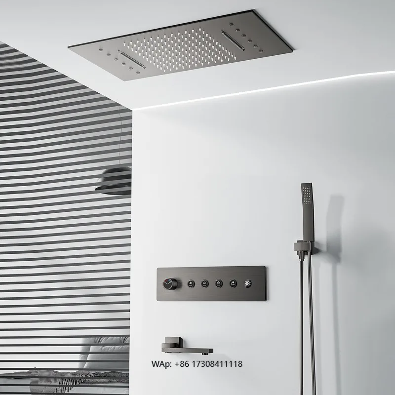 Heated bathroom Black shower set 4 functions Rain shower head LED ceiling mounted bathtub shower faucet system