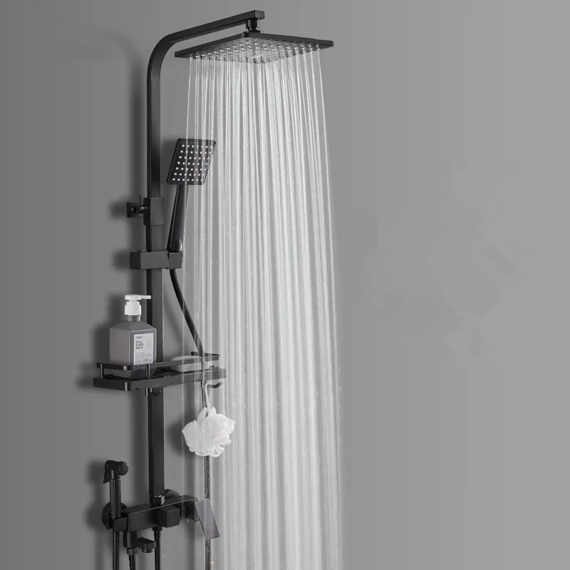 Black Shower Set Bathroom Thermostatic Faucet Shower Brass Pressurized Shower Faucet Set Household with Hand Spray