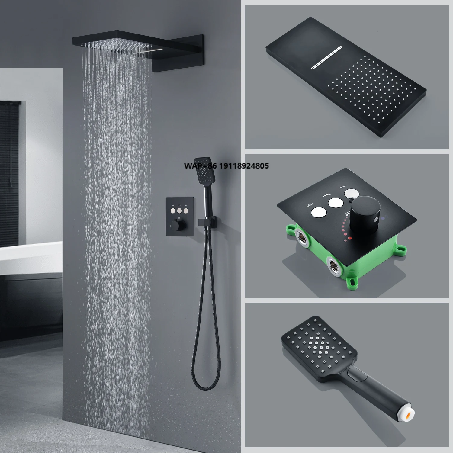 Matte Black Bathroom 22 INCH 3 Functions Shower Thermostatic Rain Waterfall Shower System with Hand Held