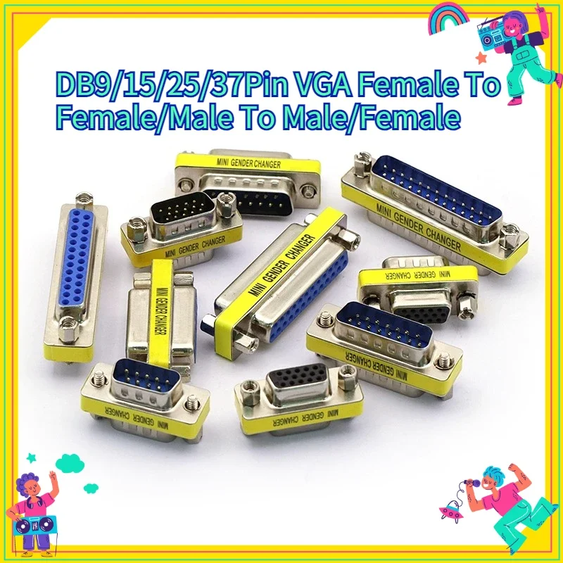DB9/15/25/37Pin VGA Female to Female/Male to Male/Female RS232 Serial Port COM Connector Mini Gender Changer Adapter Null Modem