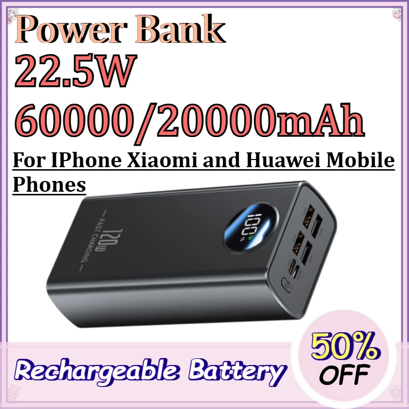 22.5W 60000/20000mAh Power Bank for IPhone Xiaomi and Huawei Mobile Phones Fast Charging High Capacity PowerBank