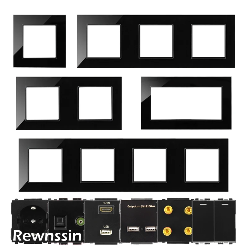 Single/Double/Triple/Quadruple Black Glass Panel Frame, Wall Power Socket Rocker Light Switch Module Part DIY Free Combination