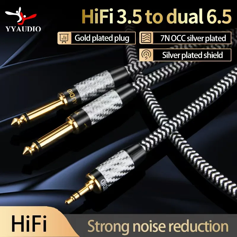 YYAUDIO HiFi 3.5mm to Dual 6.5mm Audio Cable 7N OCC Silver Plated Stereo 3.5 Jack to Two 6.35mm Mono Splitter Cable For Mixer