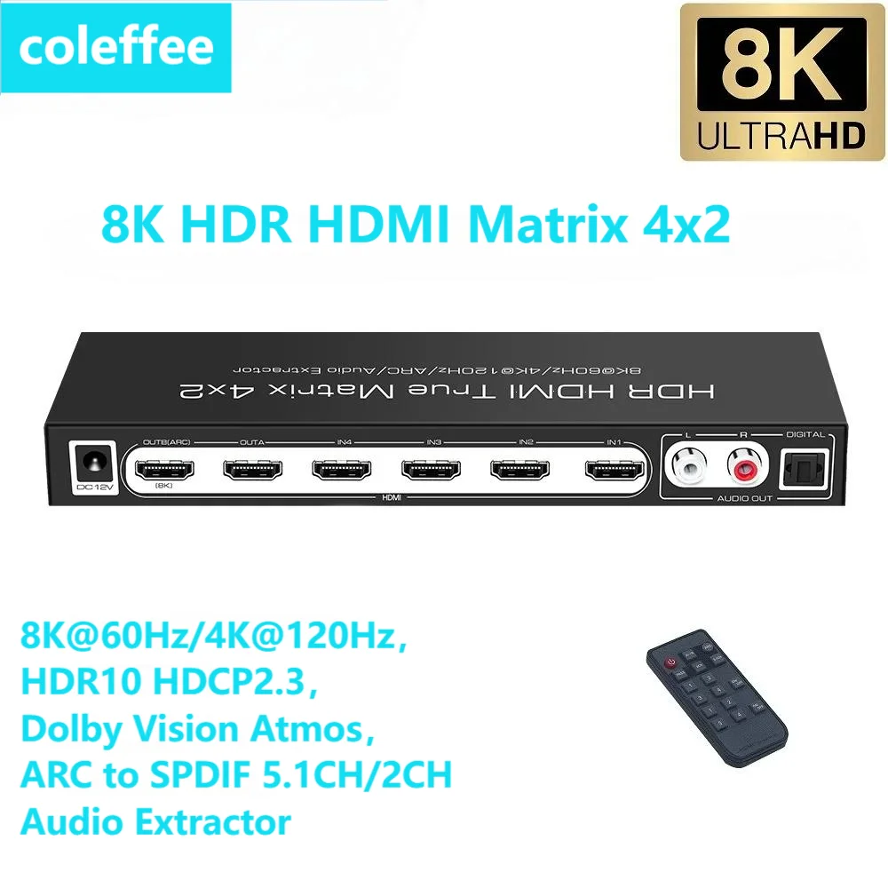 8K HDMI-compatible 2.1 Matrix Switcher 4 In 2 Out ARC to SPDIF 2CH Audio Extractor 4K@120Hz ALLM VRR Dolby Vision Atmos HDR 10+