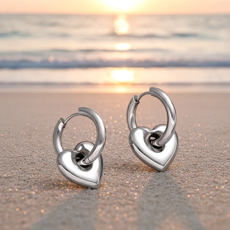 Punk Hip Hop Silver Color Stainless Steel Hoop Earrings for Women Classic Heart Star Moon Triangle Drop Earrings Female Jewelry
