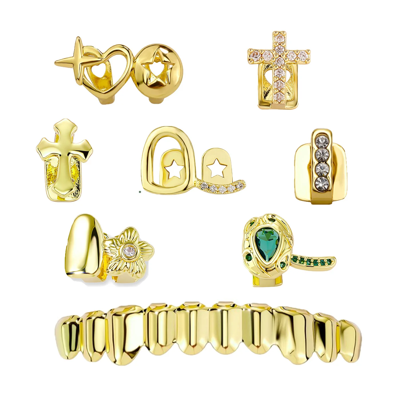 Mixed Styles Teeth Grillz Set Heart Star Cross Flower Hollow Decorative Halloween Party Hip Hop Teeth Jewelry Wholesale