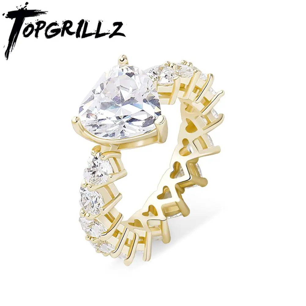 TOPGRILLZ Newest Heart Rings High Quality Copper Gold Color Iced Out Cubic Zirconia Rings Hip Hop Fashion Jewelry Gift For Women
