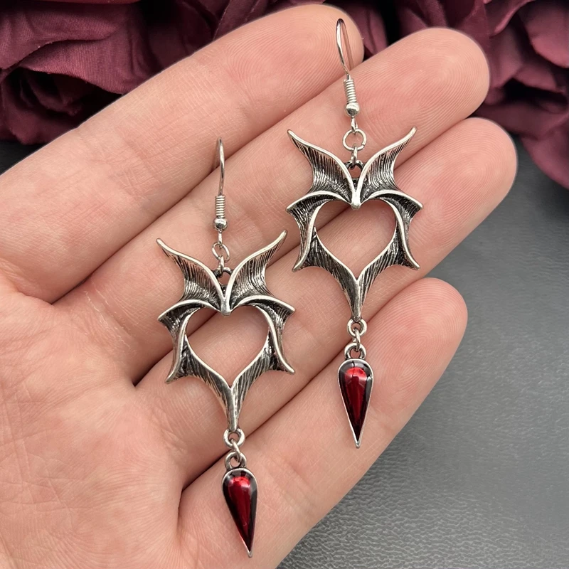 Vintage Punk Bat Heart shaped Earrings for Women Hip Hop Red Stone Pendant Personalized Earrings for Women's Party Jewelry