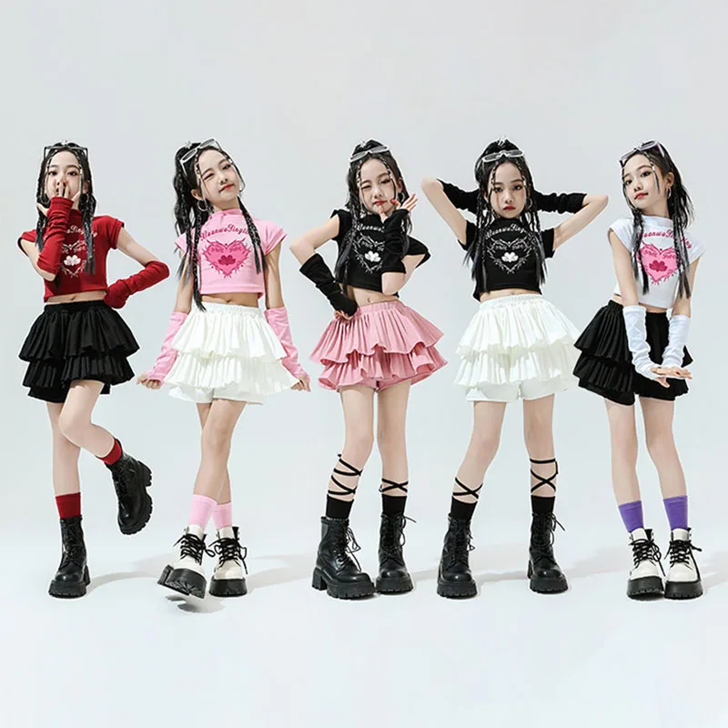 Kid Cute Hip Hop Clothing Heart Crop Top T Shirt Arm Sleeves Street Pleated Layered Skirt for Girls Jazz Dance Costumes Clothes