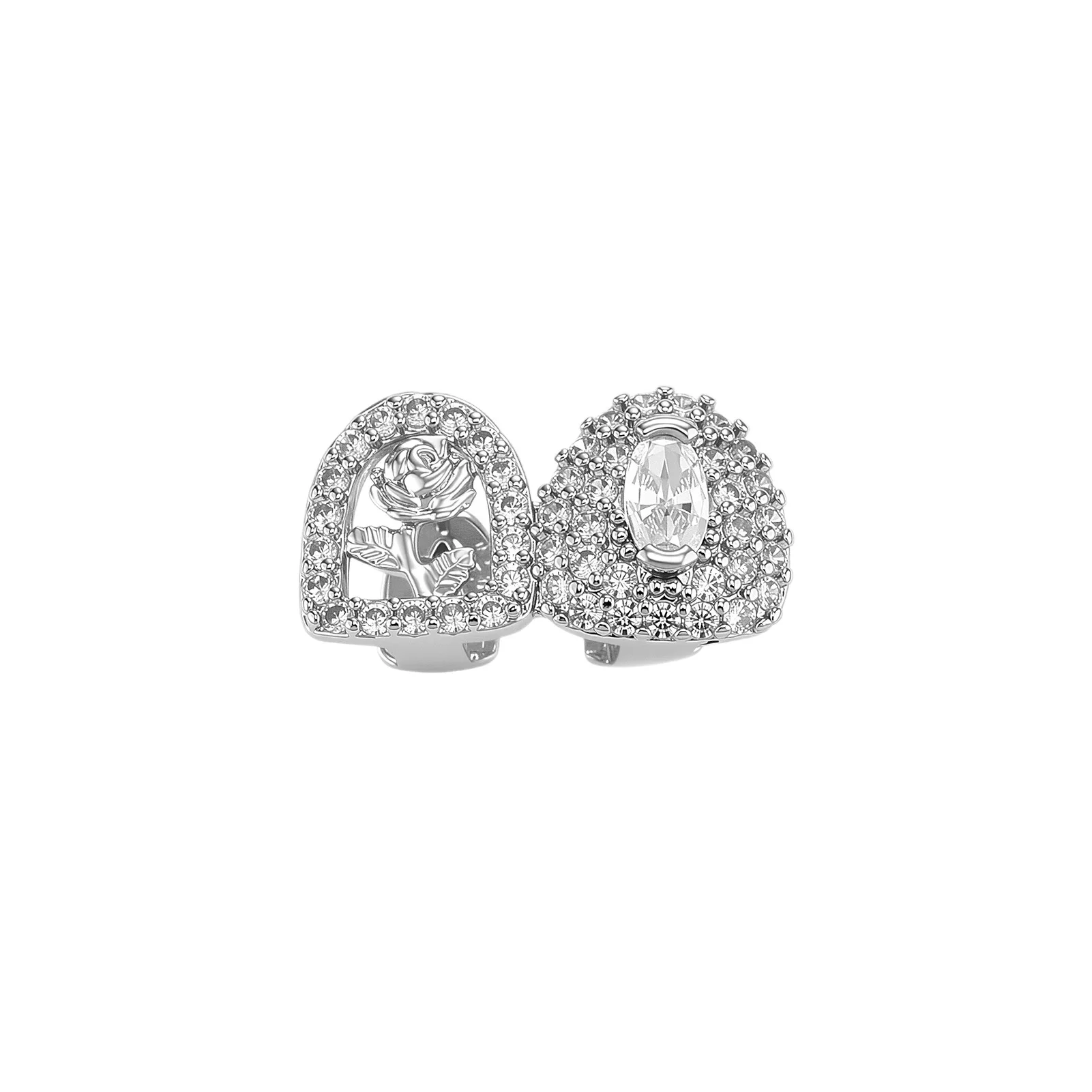 Iced Out Heart Rose Flower Teeth Grillz Hip Hop Decorative Tooth Caps CZ Personality Teeth Jewelry For Rapper Halloween Party