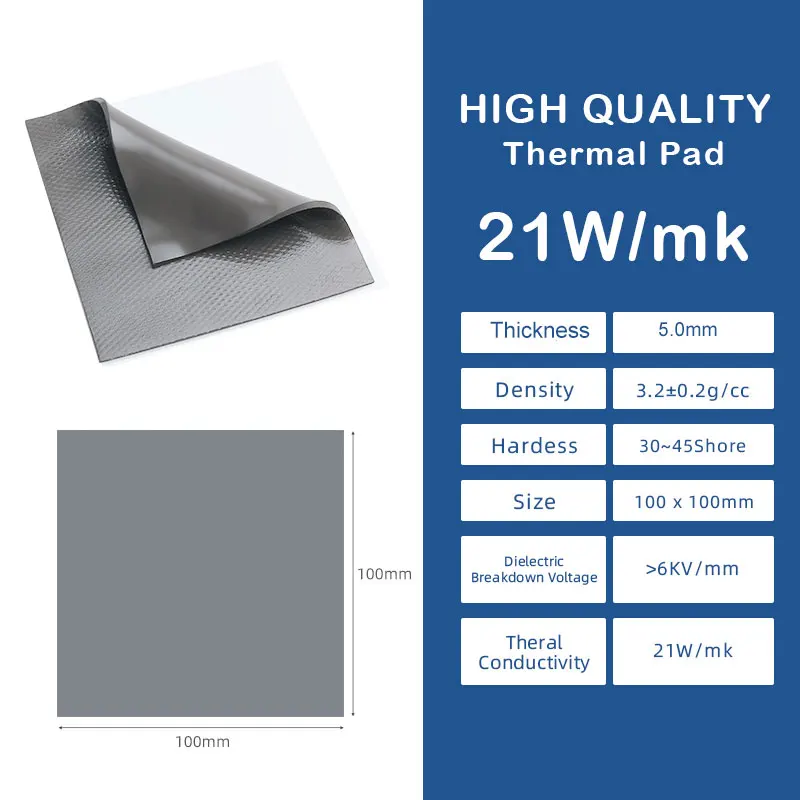 21W/mk 100X50x5.0mm Thermal Pad Non Conductive Silicone Thermal Pad Gap Filler Thermal Pads for Game Laptop PC VRM CPU GPU IC