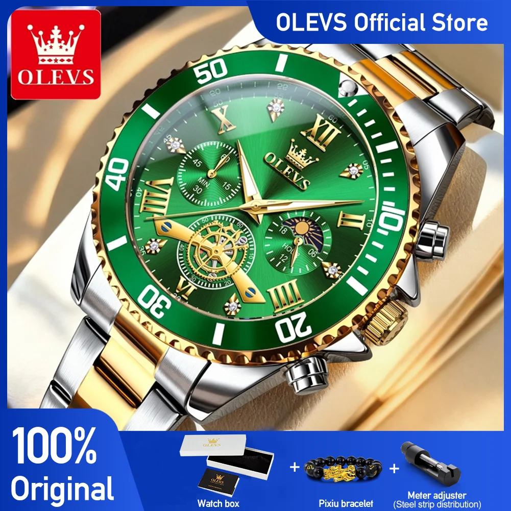 OLEVS 3732 Classic Genuine Quartz Movement Men Watch 24-hour Sun Moon Phase Dial 30m Waterproof Stylish Rotating Bezel Watch