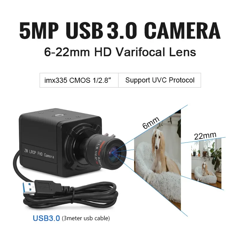 New 5600 5MP USB Webcam Imx335 Sensor Cmos Uvc High Speed USB3.0 Free Driver Mini hd Camera with 6-22mm Manual Varifocal Lens