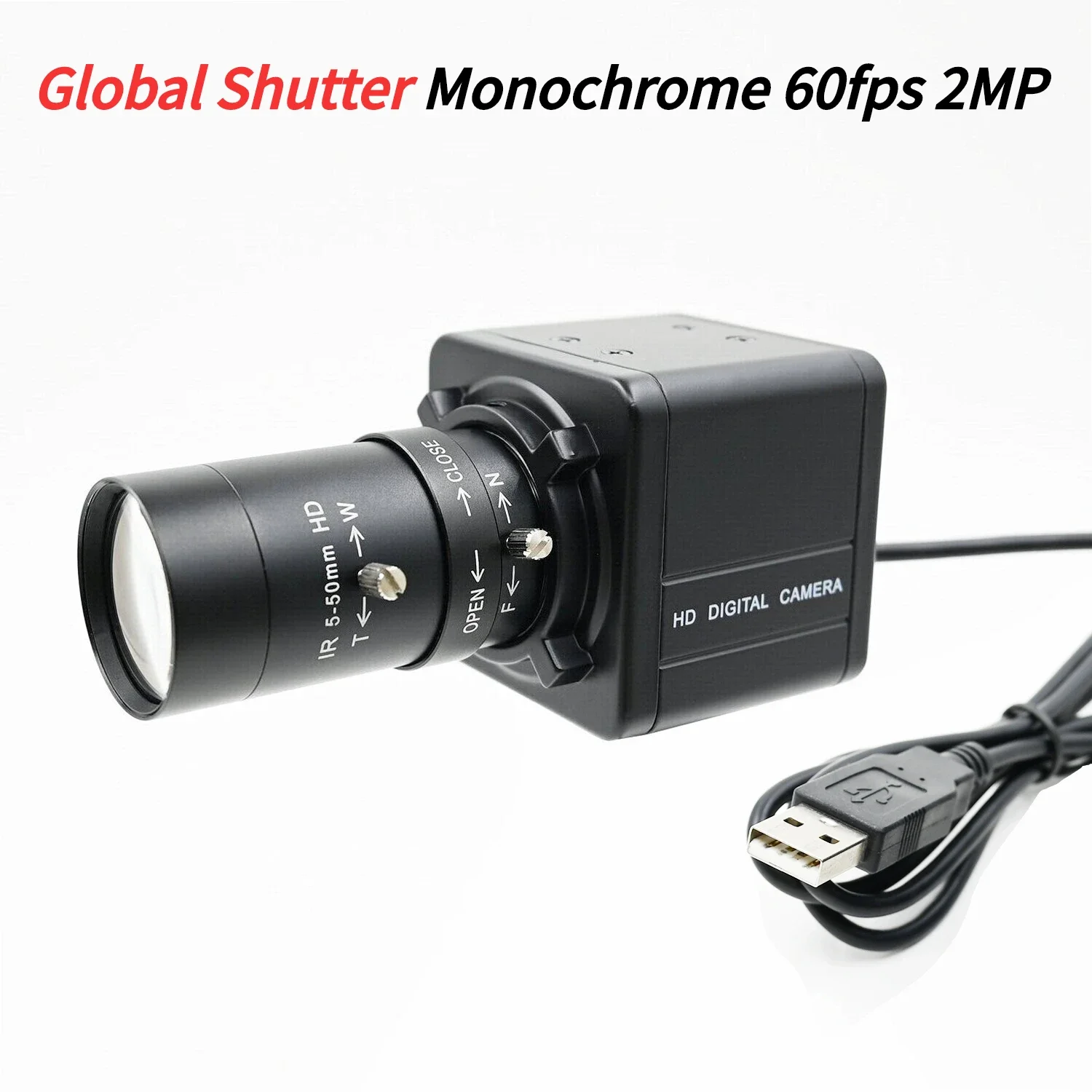 2MP Global Shutter USB Camera 60fps, Monochrome 1600x1200 , 2 Megapixel Mini Box Webcam , With Manual Varifocal CS Lens 5-50mm