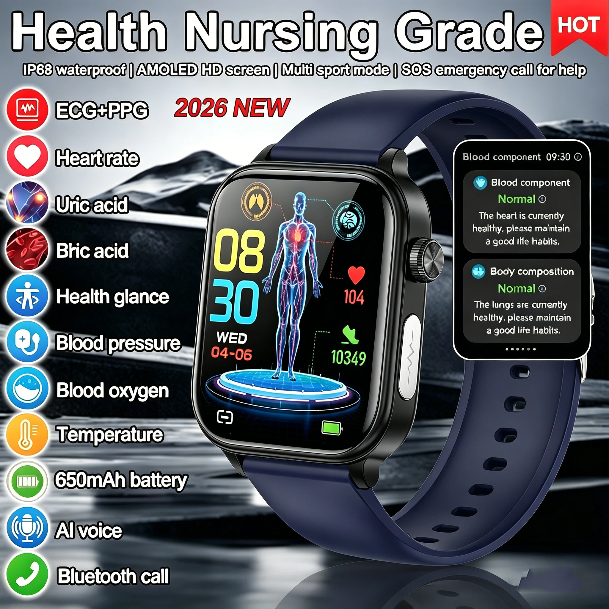 Marsyu Men ECG+PPG Five Organs Health Diagnosis Smart Watch Uric Acid Blood Lipids Blood Pressure Temp Heart Rate Smartwatches