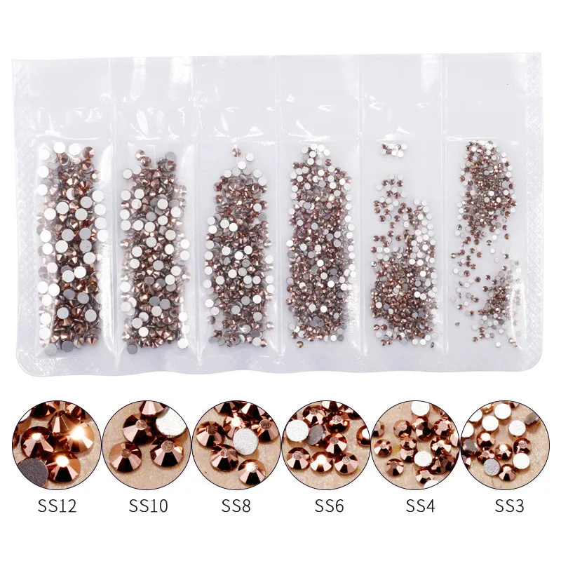 1440pcs Rose Gold Shiny Rhinestone for Nail AB Color SS3-12 Glass Crystal Diamond Flat Back 3D Nail Art Decoration Charms Set