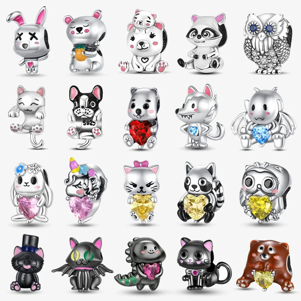 New 925 Sterling Silver Cute Animal Pet Cat Dog Rabbit Original Beads Charms for Pan DIY Bracelet Women Fine Jewellery Gift