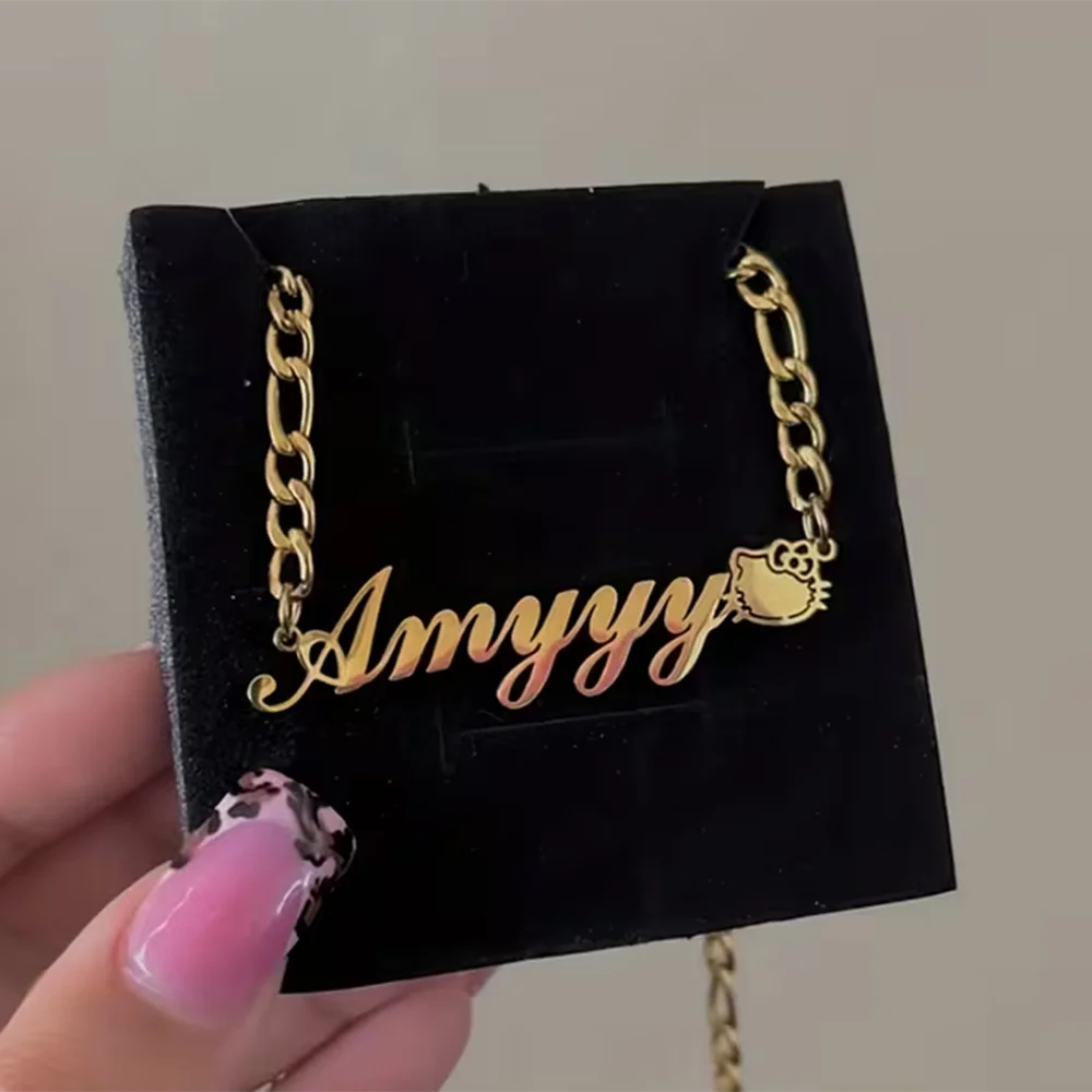 Custom Name Hello Kitty Necklace For Women Stainless Steel Figaro Chain Personalized Nameplate Pendant Sanrio Cat Jewelry Gift