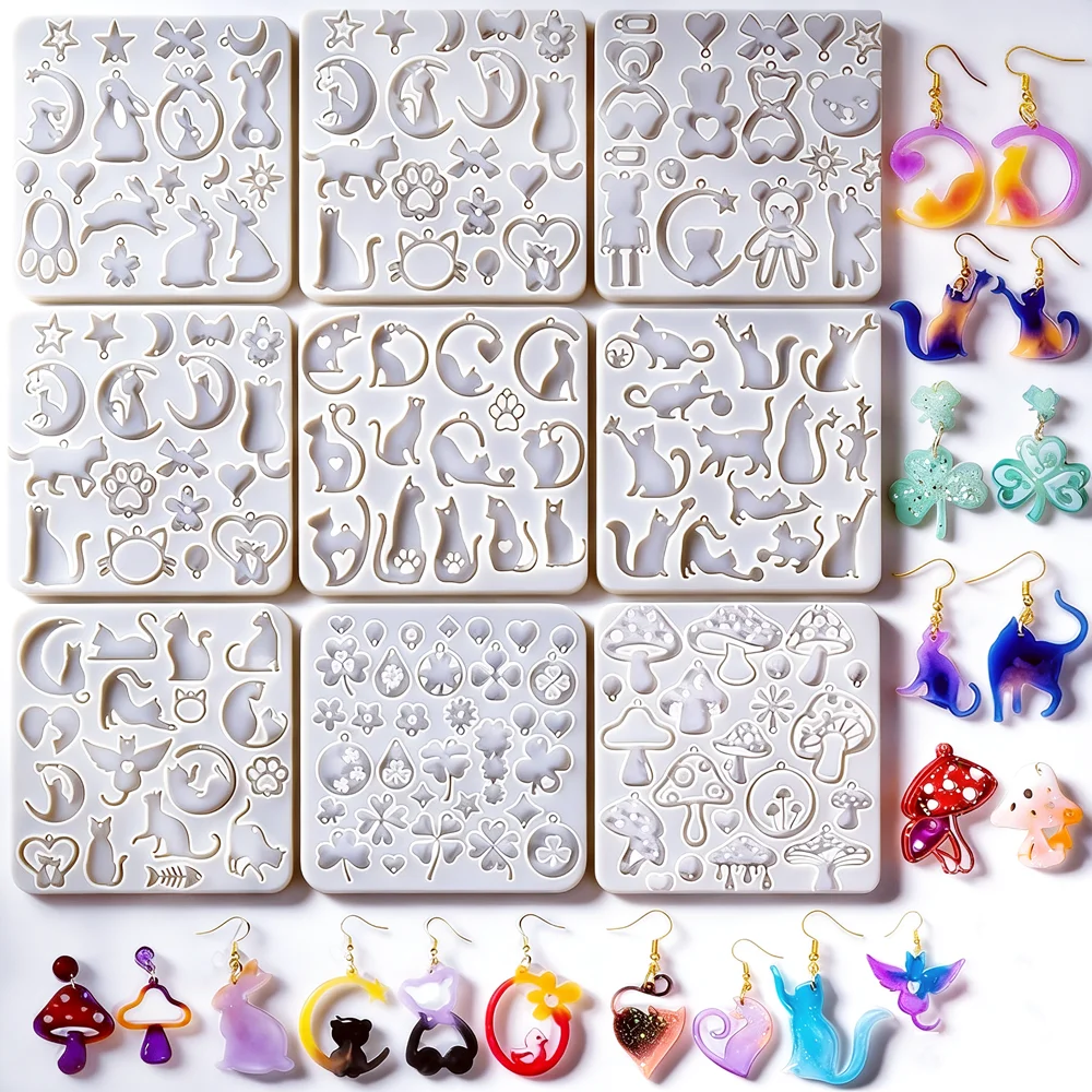 Cute Silicone Molds Kit for Resin Casting, Cat Rabbit Bear 3D Charms Molds, Four Leaf Clover Mushroom Jewelry Findings, DIY Craf