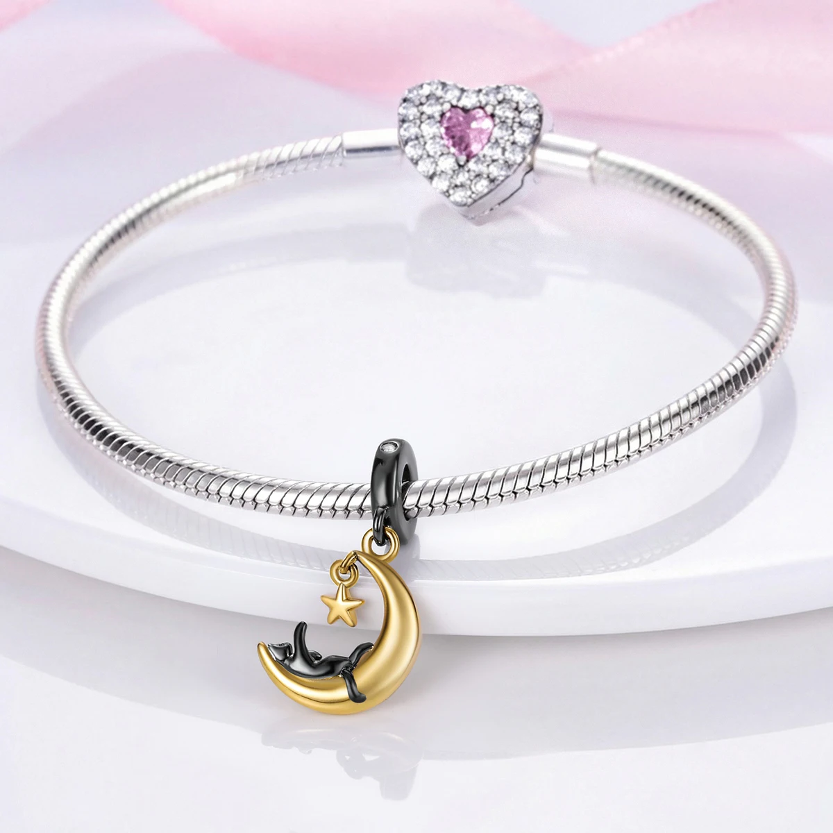 925 Sterling Silver Pendant Charm For Woman Gold Moon Star Black Cat Fit Original Bracelet Making Fashion Jewellry