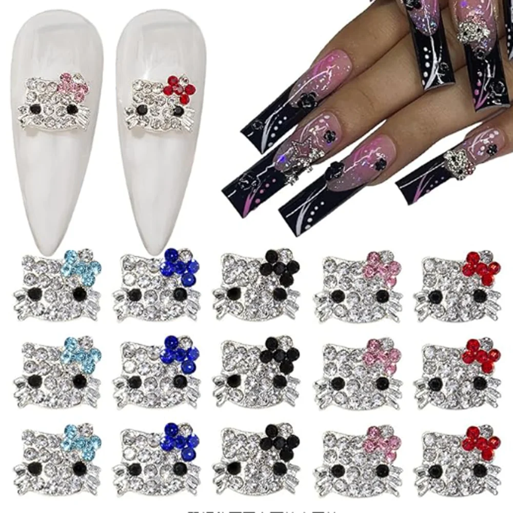 10Pcs Luxury Diamond Cat Nail Art Charm 3D Alloy Cat Shape Rhinestone Nail Decoration Shiny Multicolor DIY Manicure Accessories
