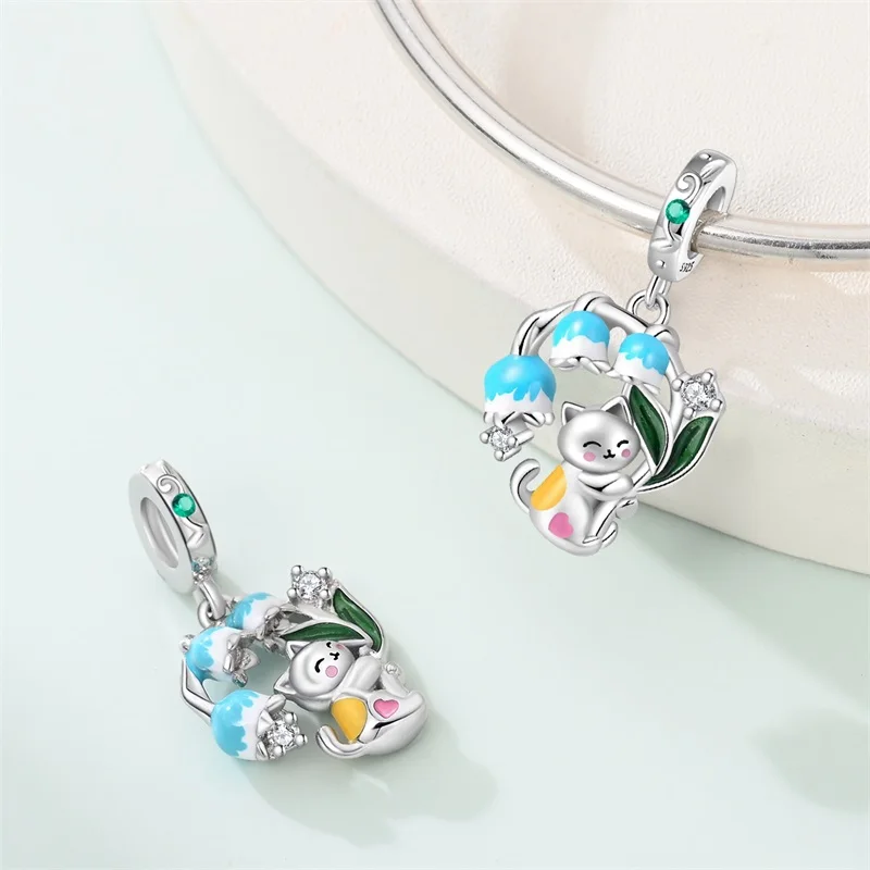2026 Popular 925 Sterling Silver Ringflower Cat Pendant CZ Zircon Dangle Fit Original Bracelet DIY For Women Jewelry Gifts