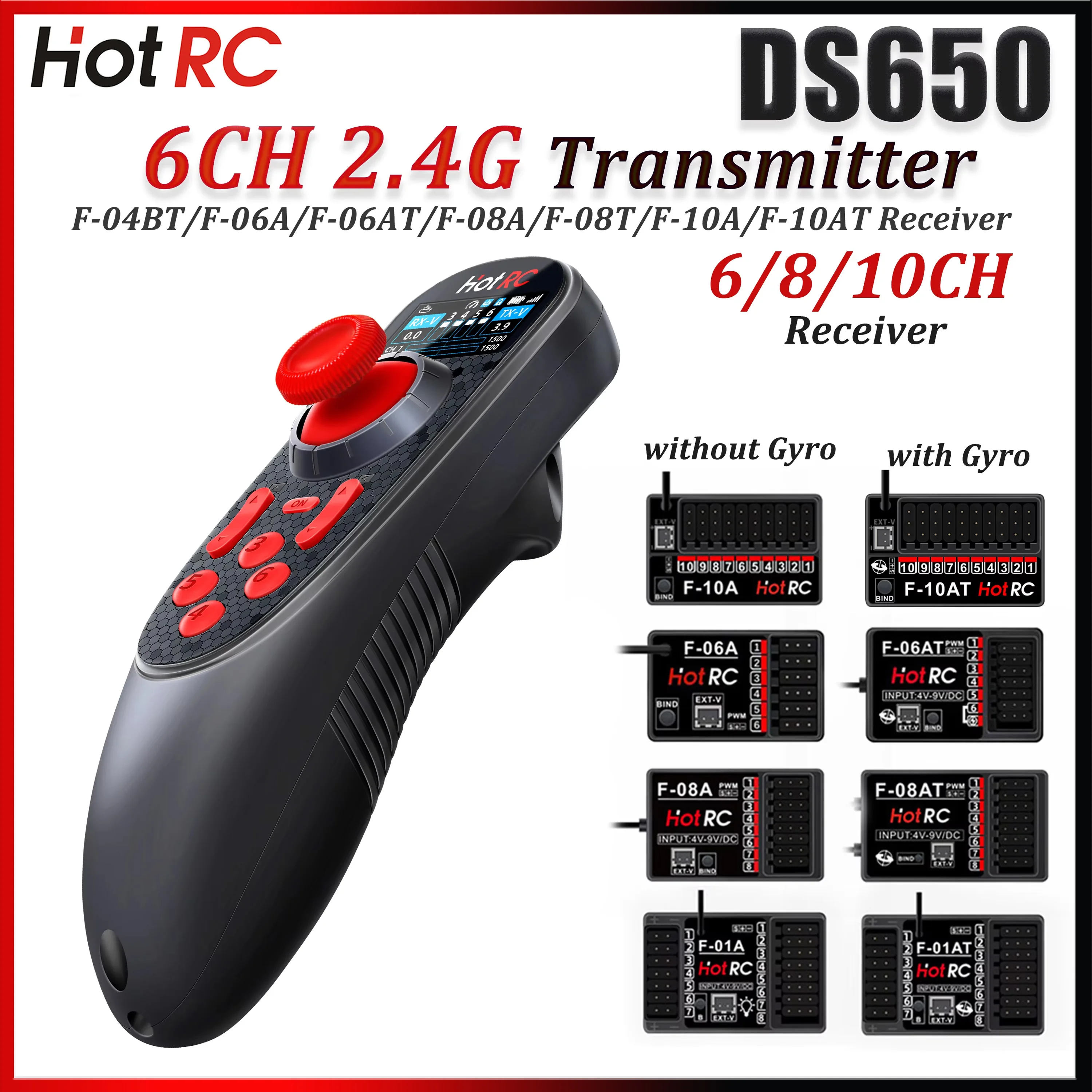 HOTRC DS650 6CH 2.4G Transmitter Color Screen Radio System Remote Control F-06AT F-08AT F-10AT Gyro Receiver for RC Boat Parts