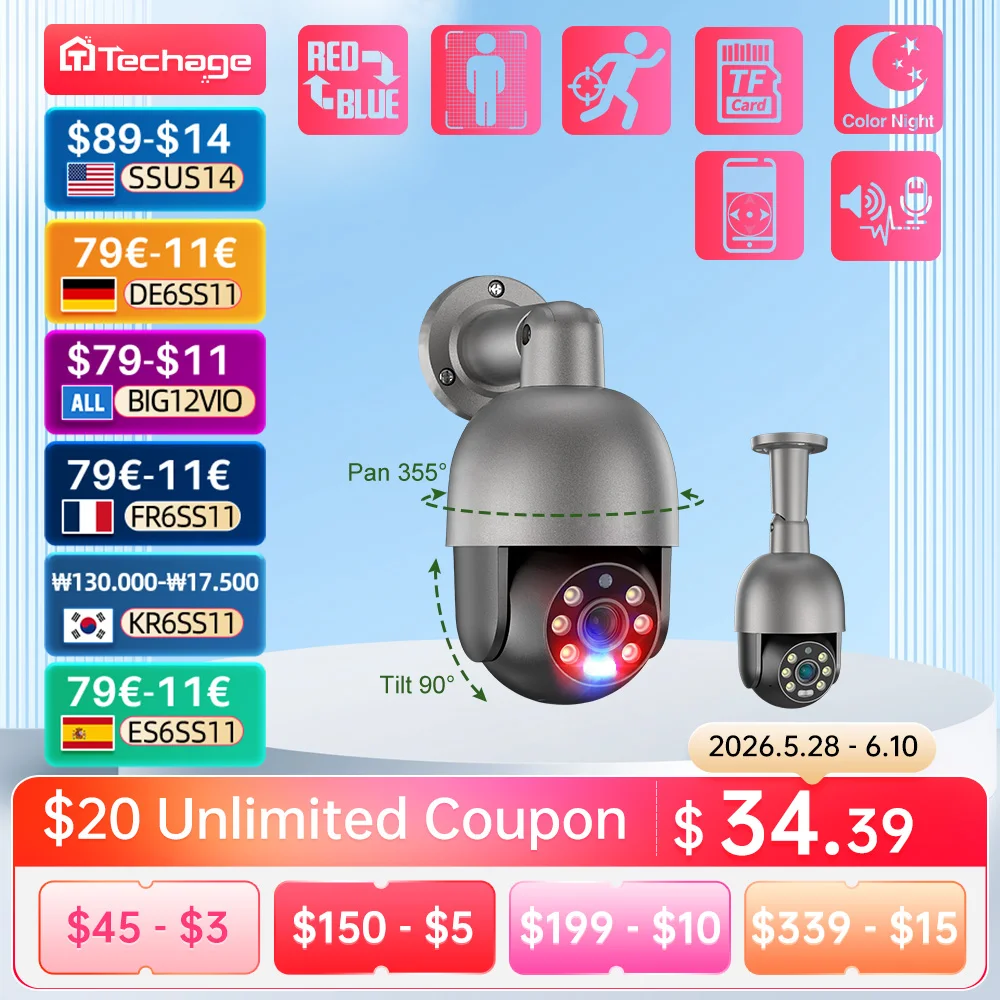 Techage 4K 8MP 5MP IP Camera Red-Blue Light Alert Human Detection Night Vision POE Security Protection Video Surveillance Camera