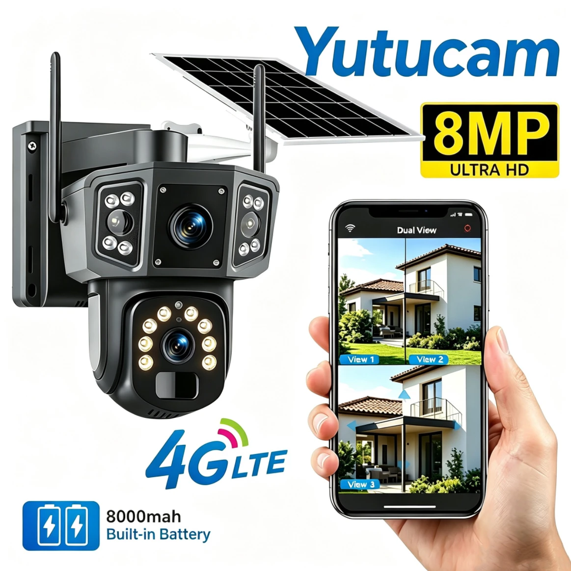 V380 Pro Solar Powered Outdoor Camera 4G WiFi Dual lens support for three screens 360° automatic tracking IP surveillance camera