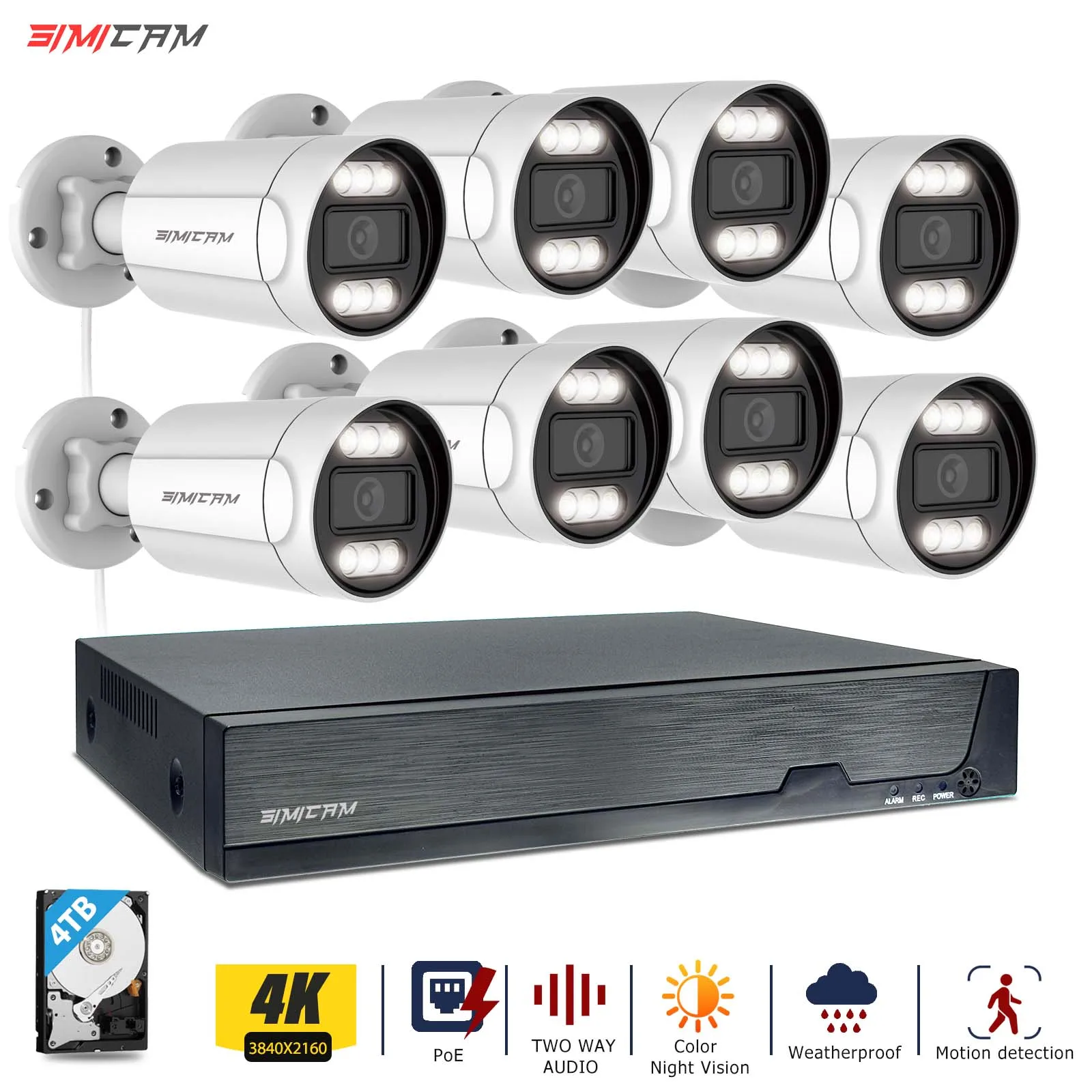 4K 8CH IP PoE Security Camera System Wired Outdoor Indoor Surveillance with Color Night Vision 2-Way Audio 4/6/8pcs CCTV Cameras